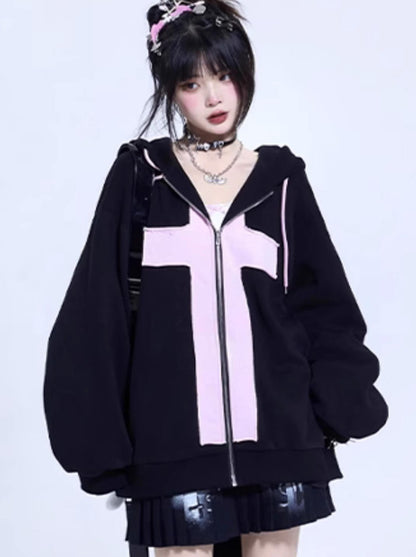 Cross bunny ears hoodie oversized jacket