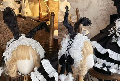 【2月13日予約締切】ブラックホワイトゴシックアリスラビットフリルビスチェトップメイドスカートドレスセット＋アクセサリー