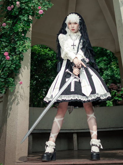 Cross Elegant Lolita Dress + Short Jacket + Hairband + Veil + Collar