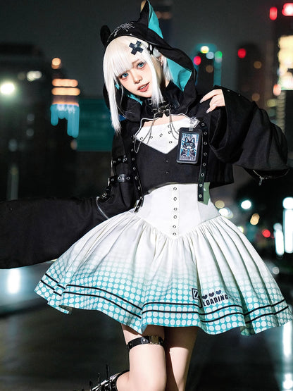 【予約商品】デイリーゴシックレトロパンクスタイルフードジャケット＋プリーツサスペンダースカート