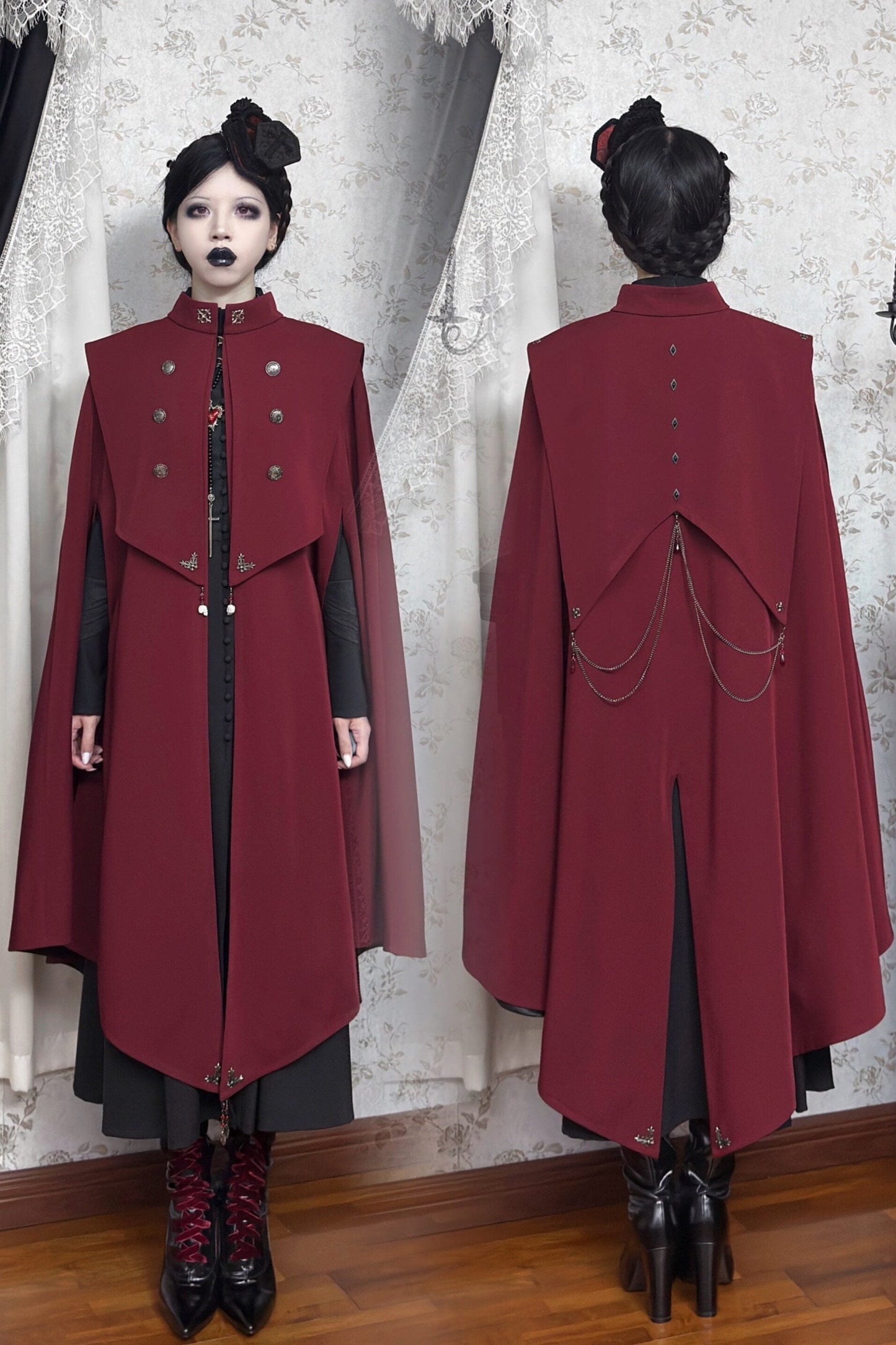 【9月5日予約締切】Dark Red/Dark Green Gothic Chain Layered Lace Cape Coat(Short Length/Long Length)