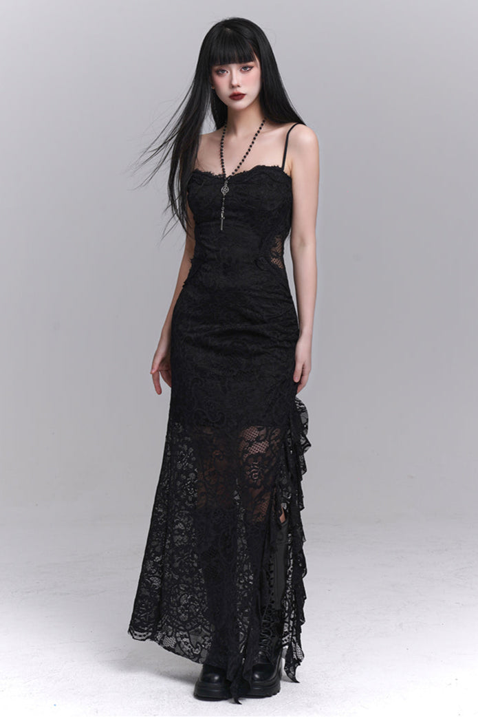 Dark Lace Slit Suspended Dress