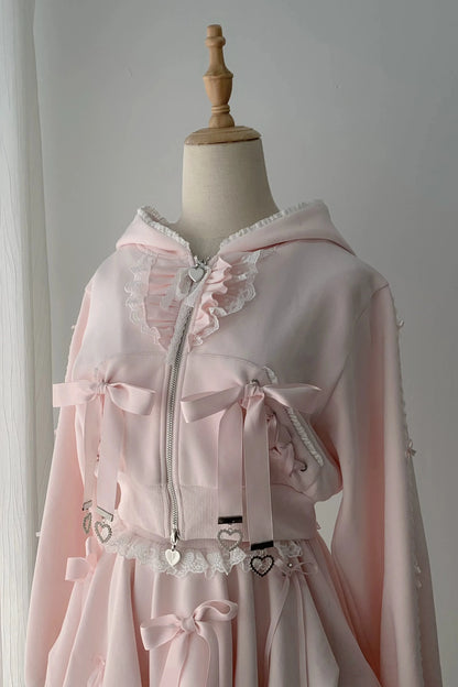 [Reservation Deadline: November 15] Pink Lace Bow Two-Way Zip Hoodie and Bubble Skirt Set with Detachable Ribbon