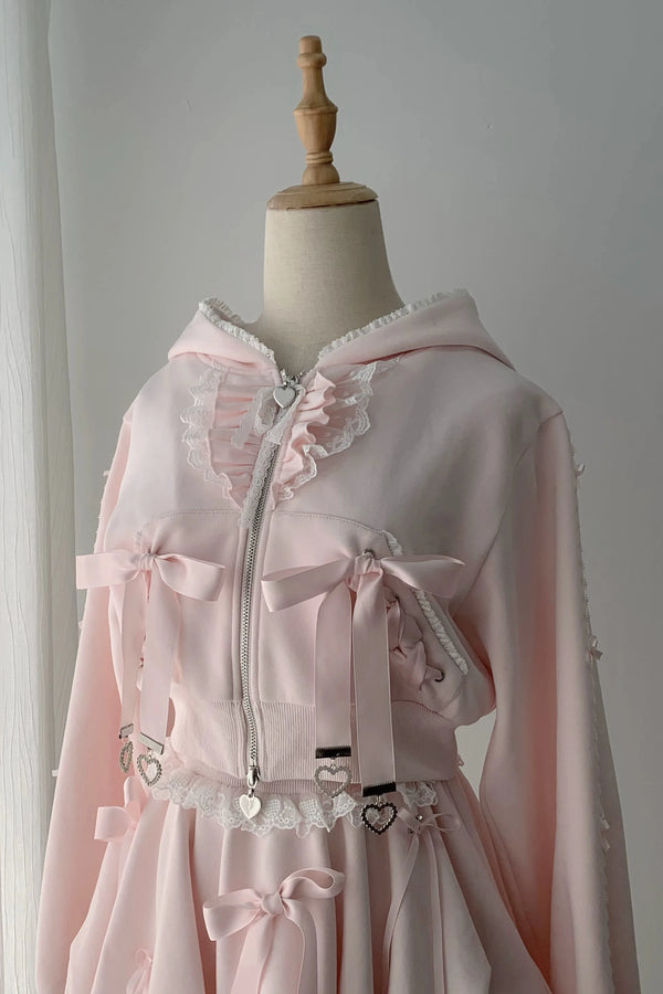 [Reservation Deadline: November 15] Pink Lace Bow Two-Way Zip Hoodie and Bubble Skirt Set with Detachable Ribbon
