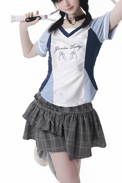 Blue Jersey Design Top + Ruffle Skirt + Hooded Top