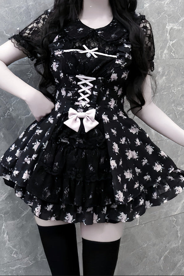 【9月2日予約締切】Black Pink Floral Layered Lace Dress＋Matching Shorts ＋ Bow Hairclips ＋ Bow Tie[Full set]