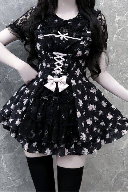 【9月2日予約締切】Black Pink Floral Layered Lace Dress＋Matching Shorts ＋ Bow Hairclips ＋ Bow Tie[Full set]