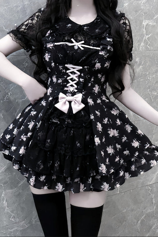 【9月2日予約締切】Black Pink Floral Layered Lace Dress＋Matching Shorts ＋ Bow Hairclips ＋ Bow Tie[Full set]
