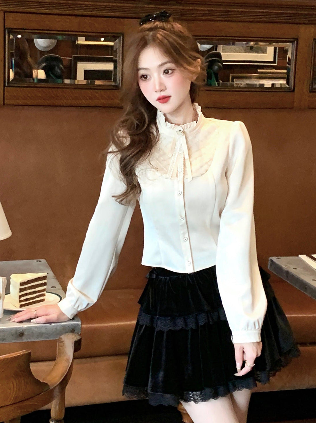 French Frill Stand Color Ribbon Shirt + Ribbon Shoulder Shiny Black Tweed Dress