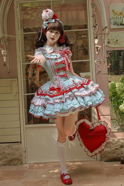 [Pre-order Deadline: September 27] Twin Tiered Lolita Dot Ribbon Striped Dress + Flower Bud Skirt Dress