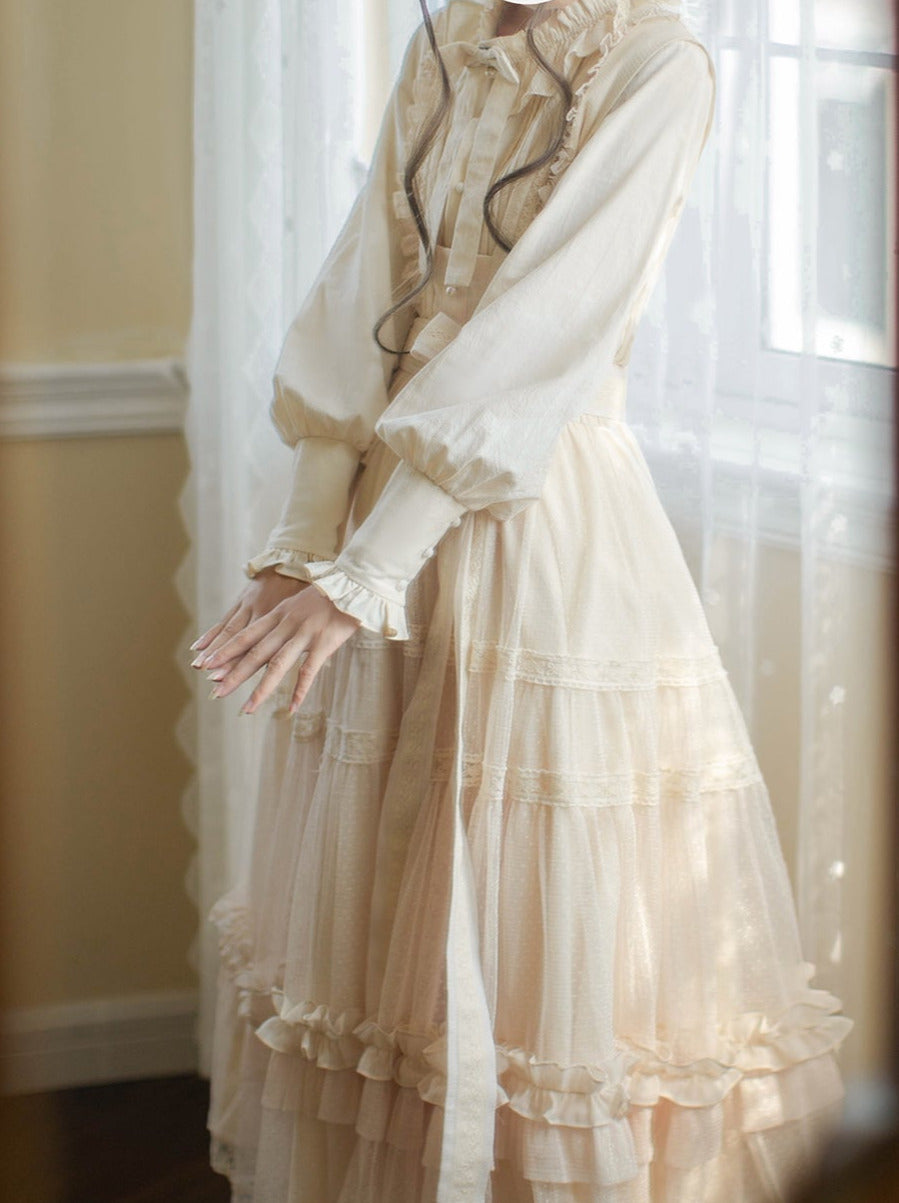 Sweet Elegant Light Lolita Frilled Shirt + Dotted Lace Sundress + Top Ribbon + Waist Ribbon [Reserved Item].