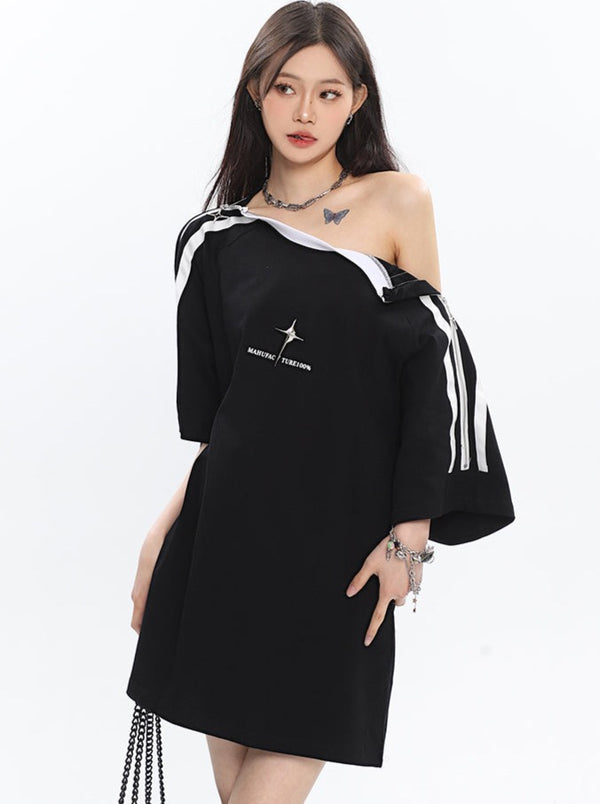 Space Design Zipper Strapless Metal Loose T-shirt