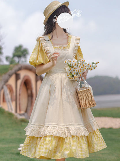 [Reservations] Retro Girly Yellow Dress + Apron + Ribbon