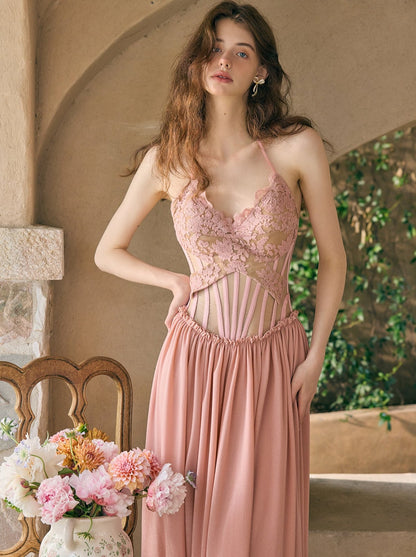 Pink Lace Halter Neck Long Dress