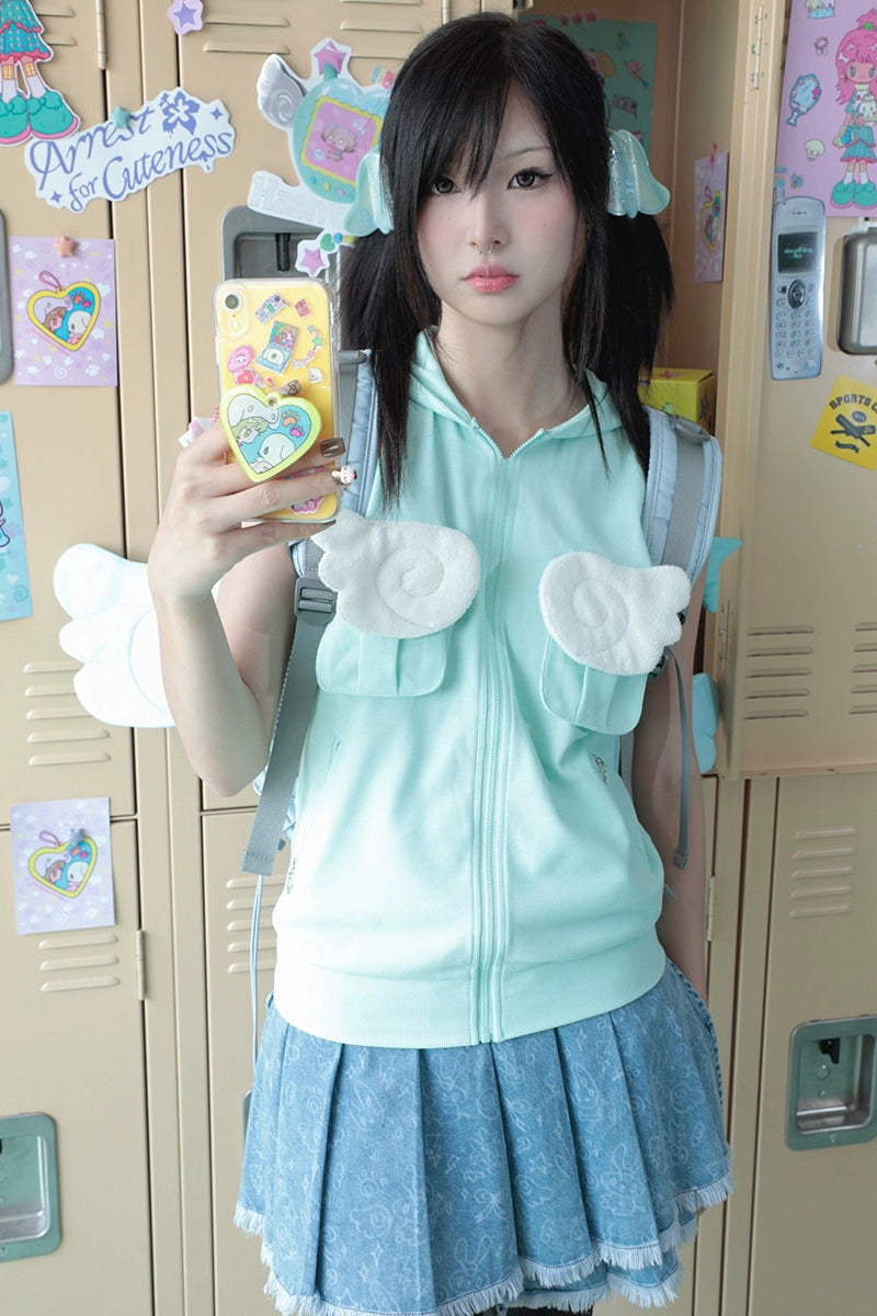 Y2K天使の羽フード付きノースリーブトップス