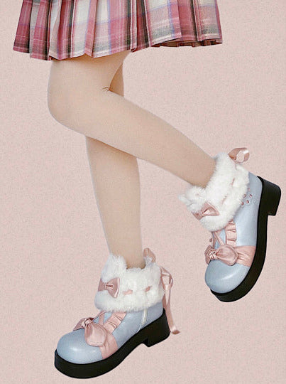 Snow Lolita Mid Heel Color Block Ribbon Sweet Velvet Short Boots