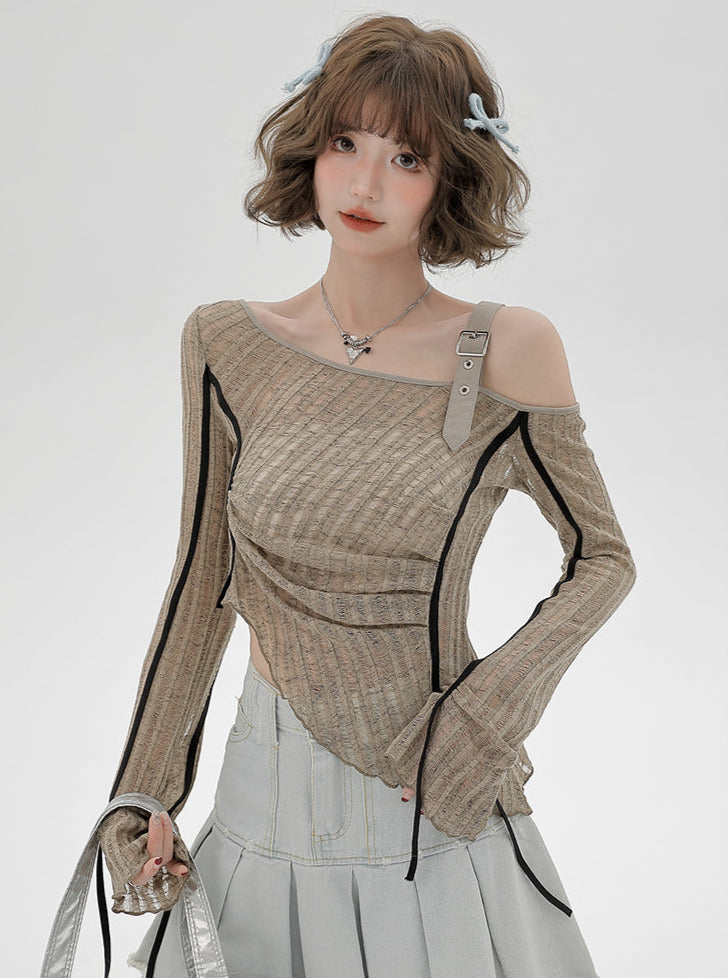 American one-shoulder slim irregular sheer top