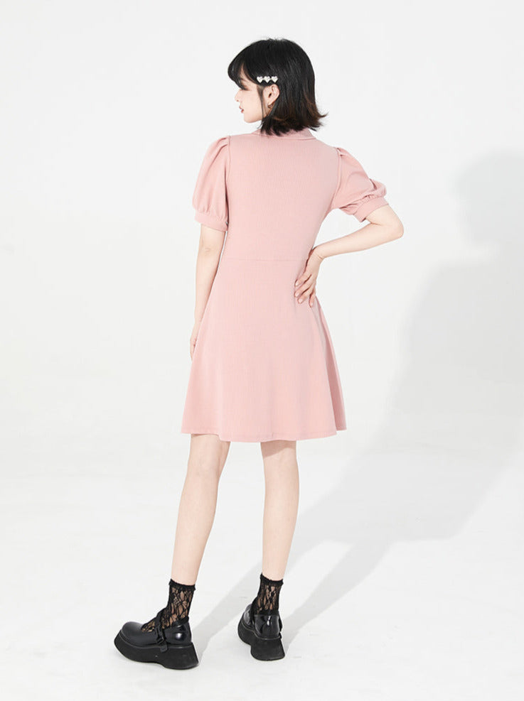 China Buckle Fog Pink Retro Puff Sleeve Knit Dress
