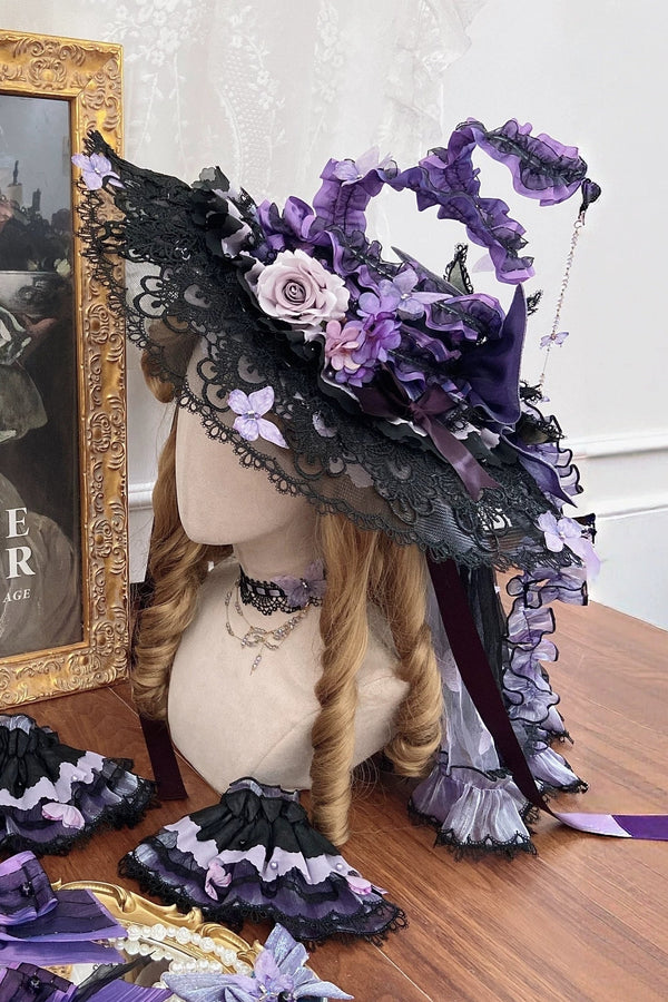 [Pre-order Deadline: August 29] Purple x Black Dark Gothic Butterfly Series Accessories (Gorgeous Witch Hat, Hairband with Veil, Wrist Cuffs, Pair of Hair Clips, Back Ribbon Train)