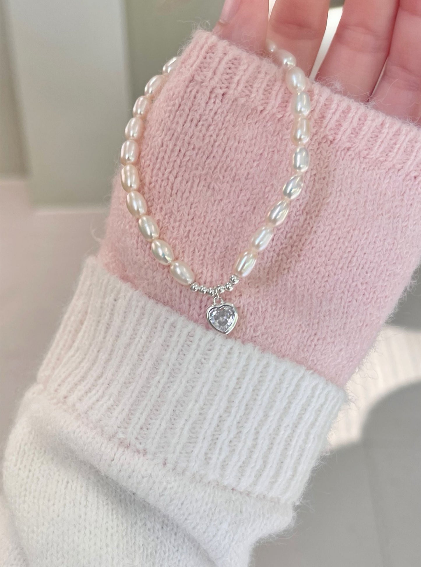 Silver heart pearl bracelet