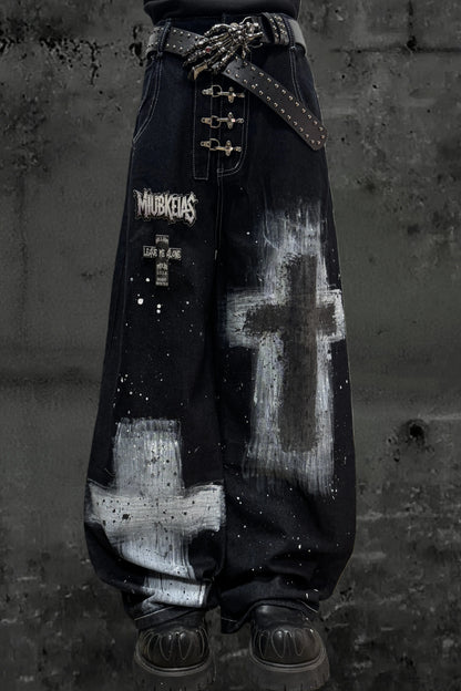 インクスプラッシュドグラフィティデニムパンツ+ベルト