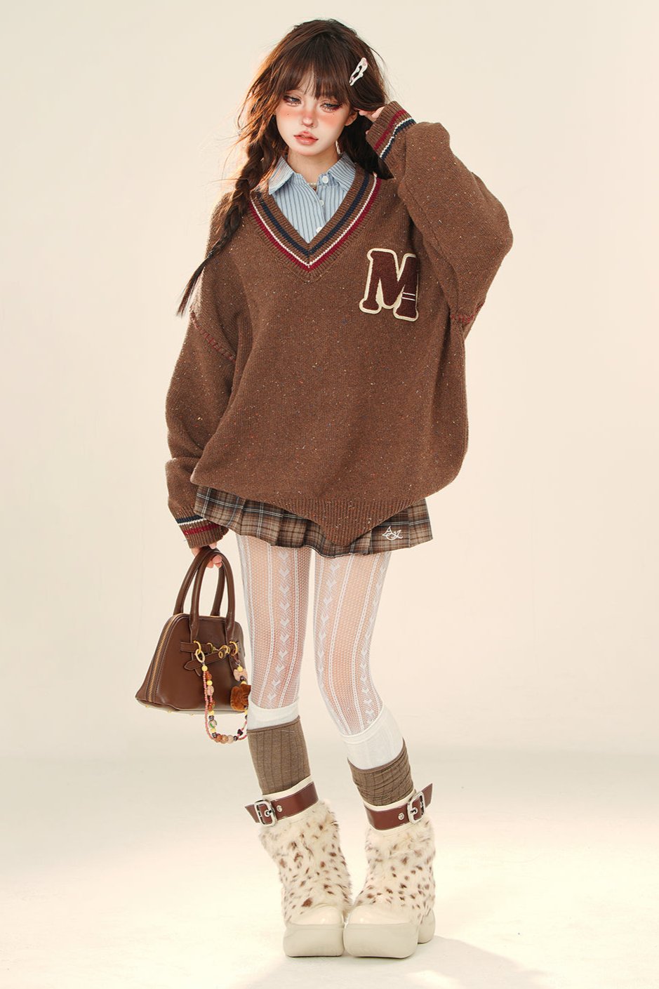 British College Neck Knit Sweater