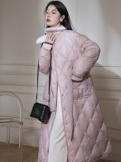 Milk Peach Diamond Line Waist Bow Long Quilted Coat