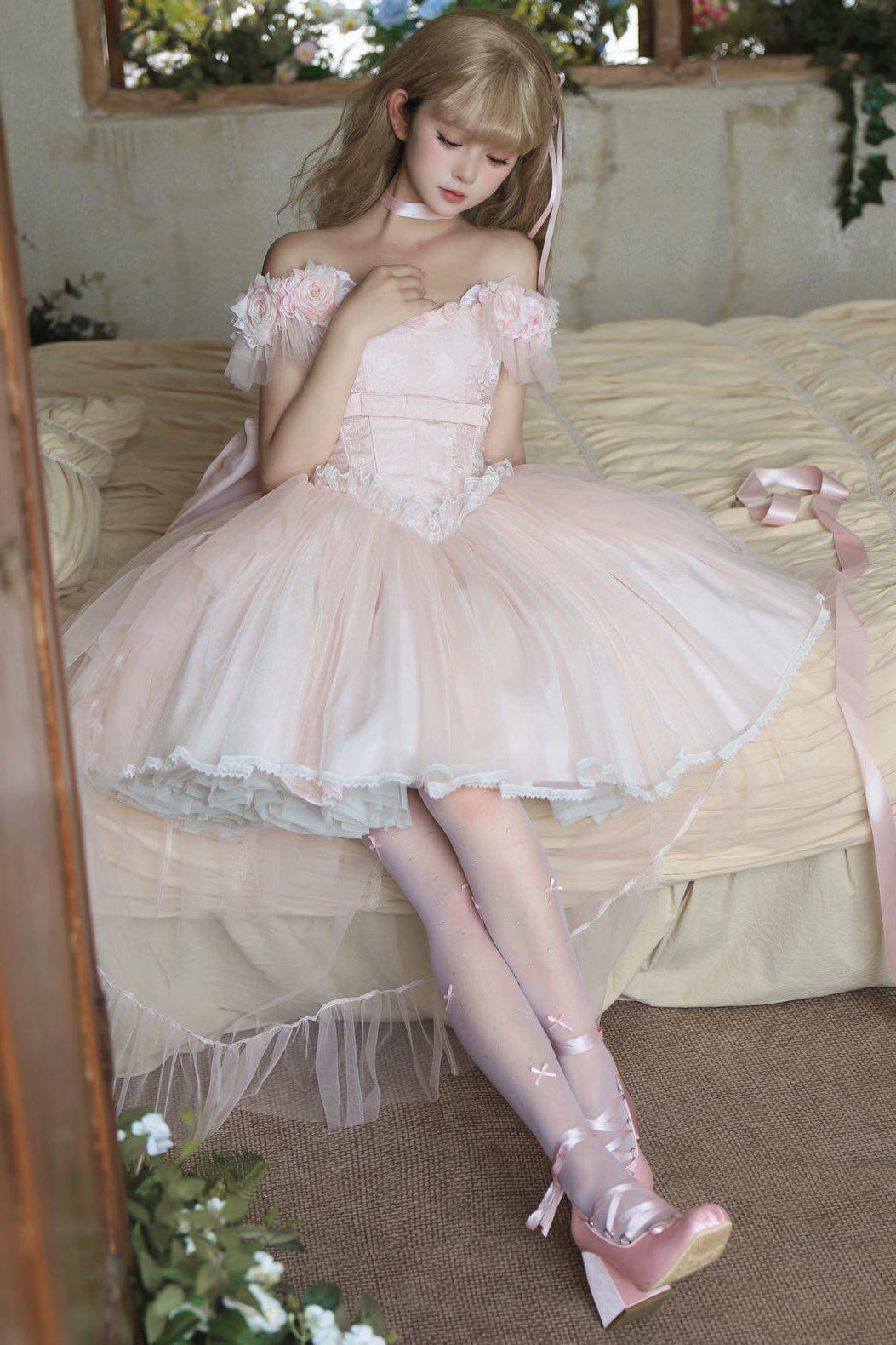ライトピンキースイートロリータドレス+リボンテール