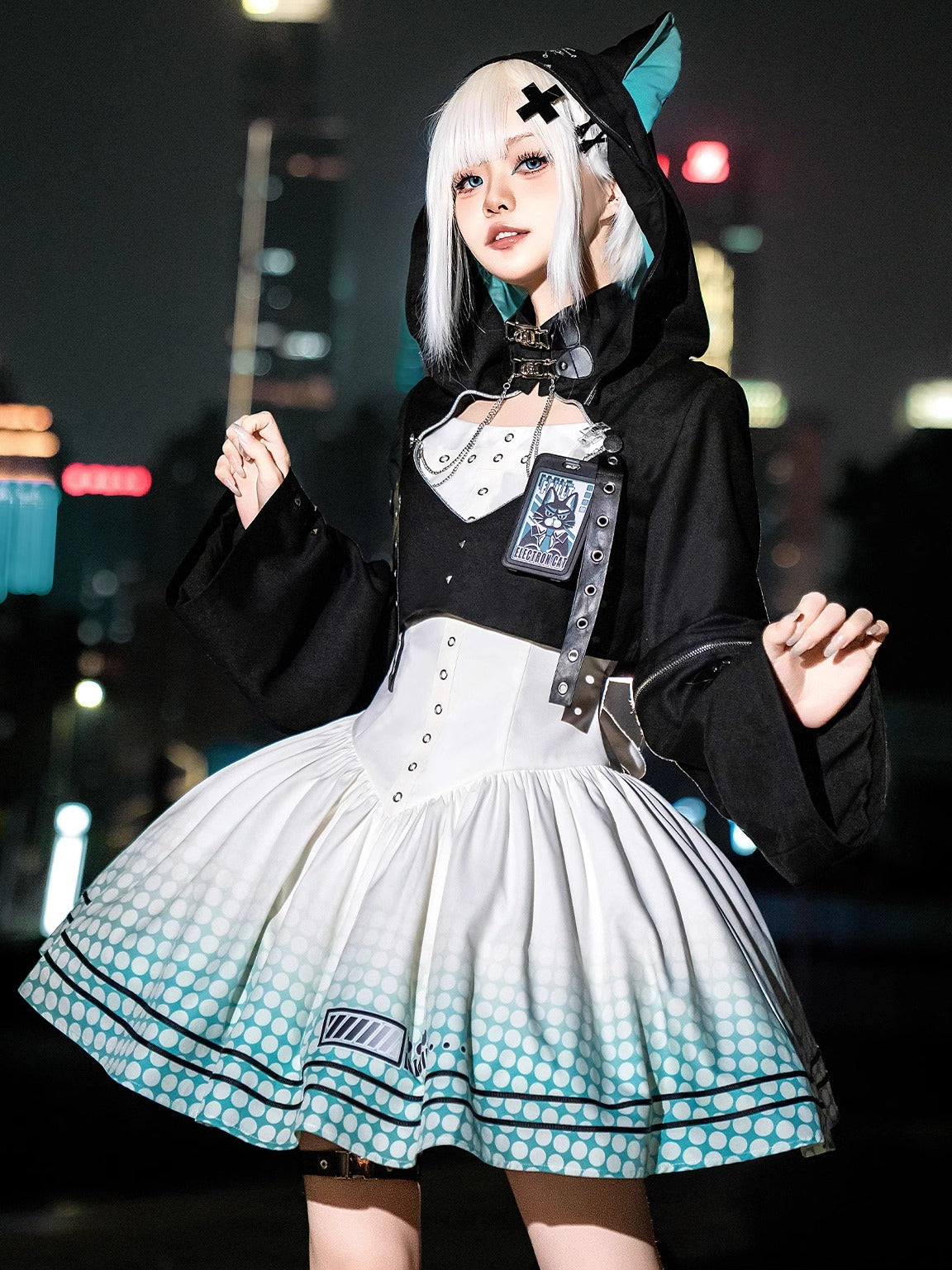 【予約商品】デイリーゴシックレトロパンクスタイルフードジャケット＋プリーツサスペンダースカート