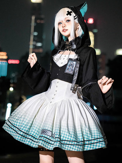 【予約商品】デイリーゴシックレトロパンクスタイルフードジャケット＋プリーツサスペンダースカート