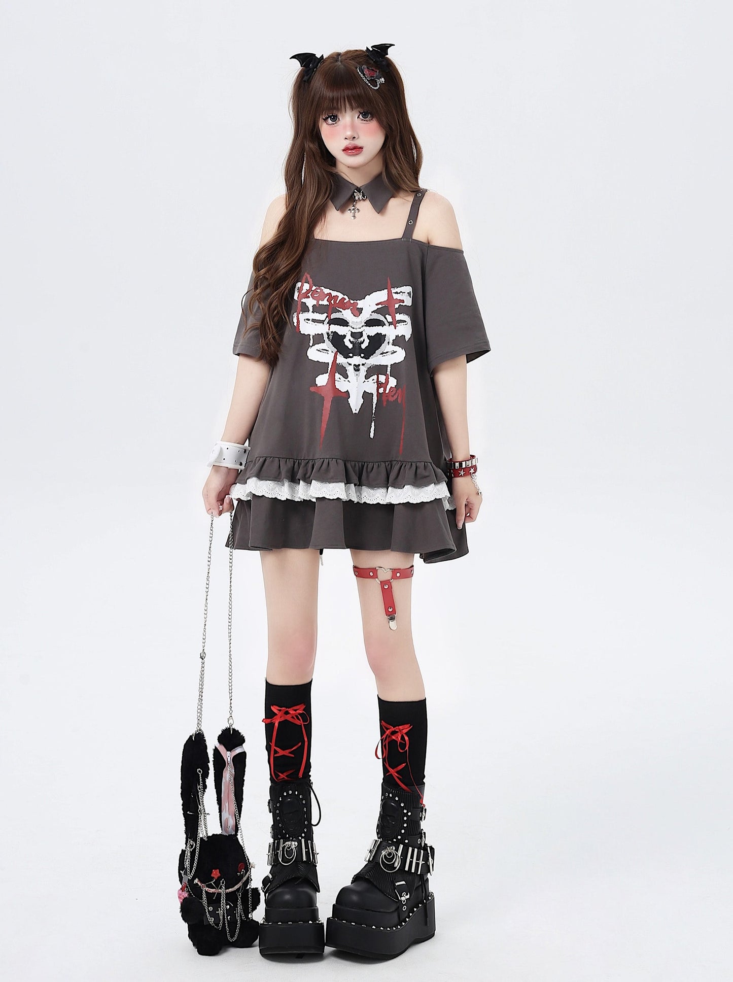 95 % de réduction] Bone love mark Original Japanese subculture off-the-shoulder lace mid-length T-shirt avec faux col