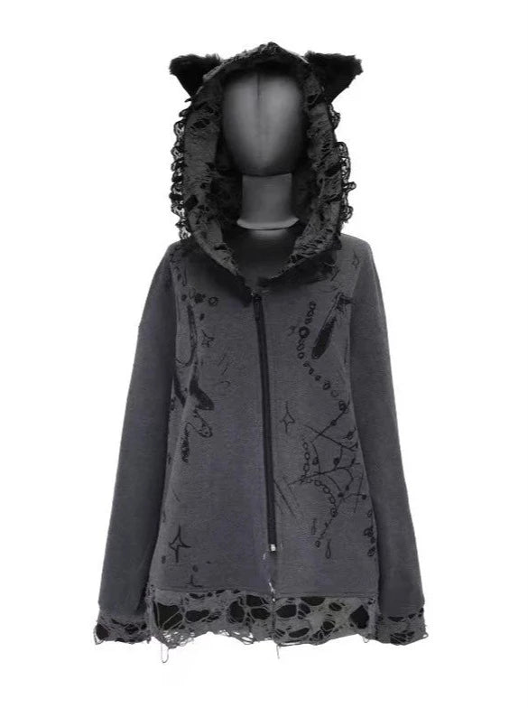 Cat Ear Hood Hole Dark Print Sweat Zip Hoodie