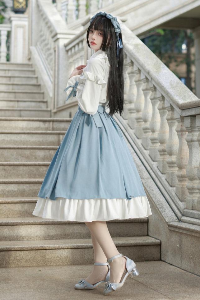 [Reservation product] Girly Frill Ribbon Shirt + Layered Skirt