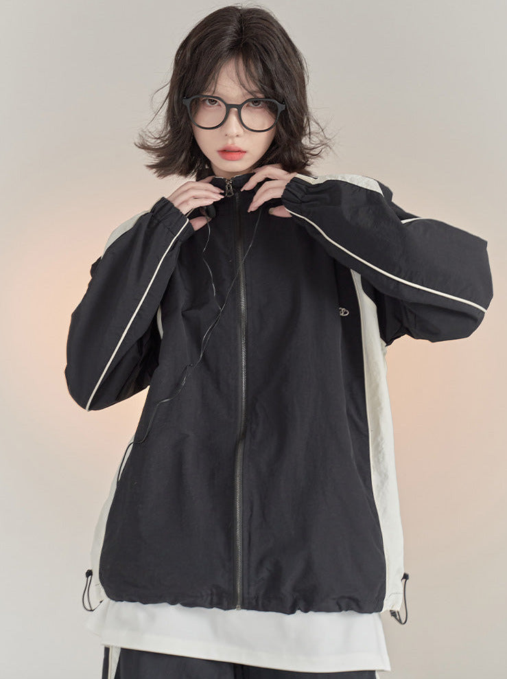 Contrast Color Loose Sport Stand Collar Jacket