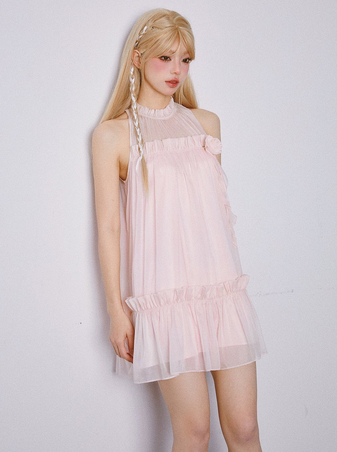 Music Box Peach Pleated Babydoll Sleeveless Dress