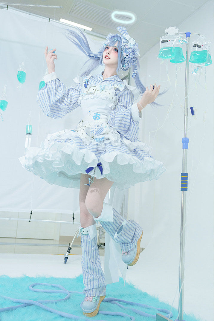 【11月5日予約締切】Blue White Striped Medical Lolita Nurse Sickly Kawaii Dress Suit Full Set (Shirt + Skirt + Apron + Back Ribbon + Leg Covers)