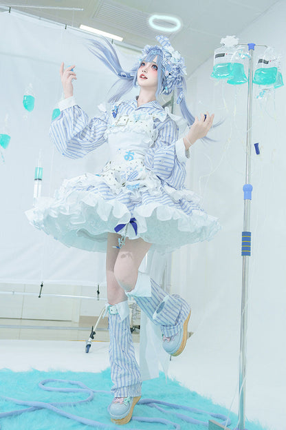【11月5日予約締切】Blue White Striped Medical Lolita Nurse Sickly Kawaii Dress Suit Full Set (Shirt + Skirt + Apron + Back Ribbon + Leg Covers)