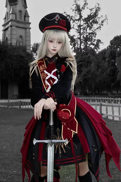 [Pre-order] Black and Red Military Gothic Lolita Asymmetrical Dress + Top + Sash + Brooch Set