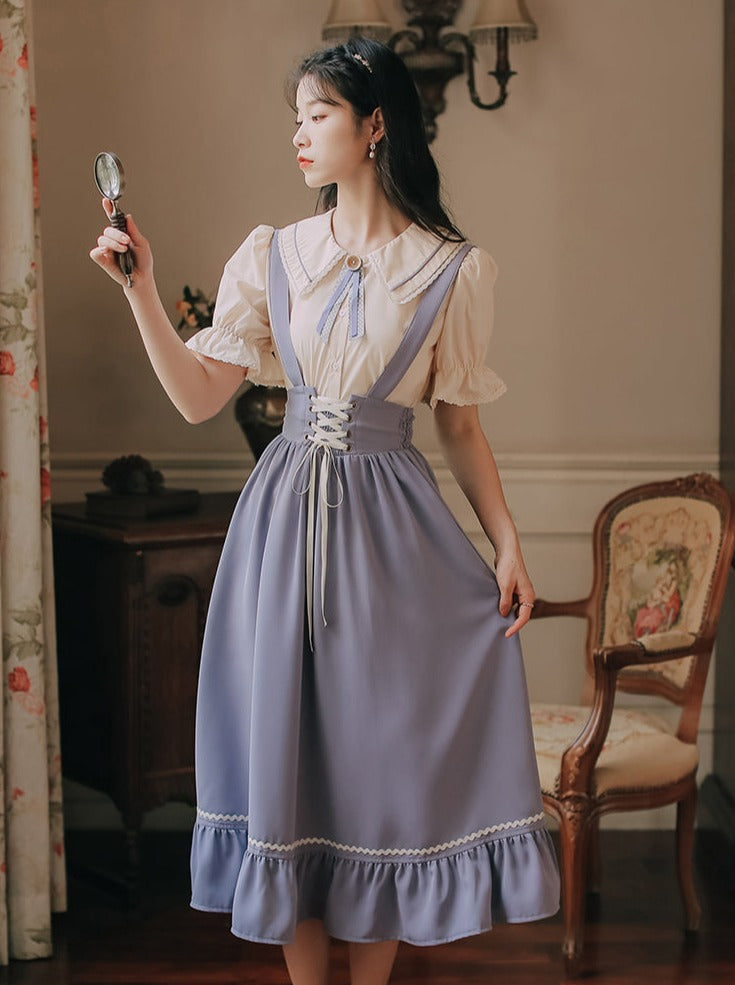 Doll Collar Shirt + Lace-up Suspender Skirt