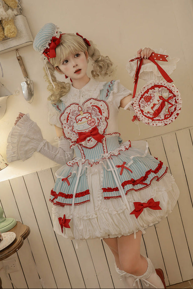 [Pre-order Deadline: September 27] Twin Tiered Lolita Dot Ribbon Striped Dress + Flower Bud Skirt Dress