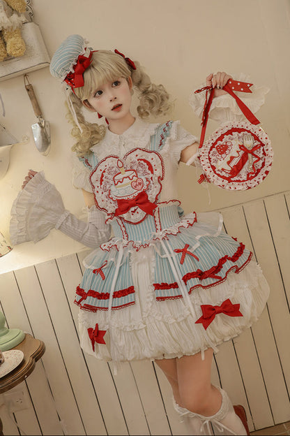 [Pre-order Deadline: September 27] Twin Tiered Lolita Dot Ribbon Striped Dress + Flower Bud Skirt Dress