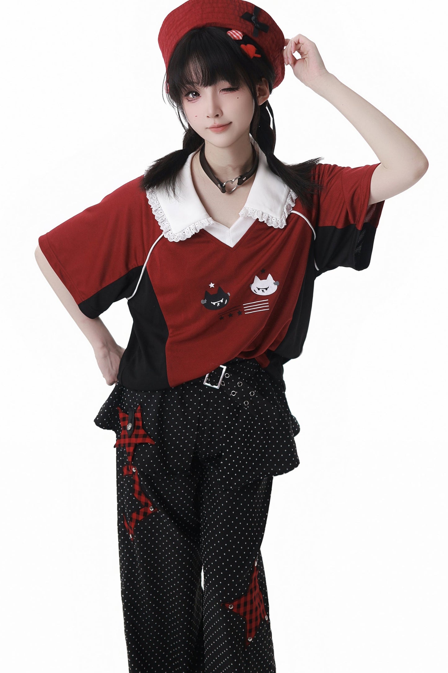 レースカラーオーバートップス＋バルーンスカート＋ロングパンツ＋レッグウォーマー