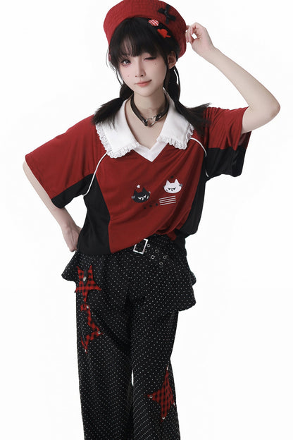 レースカラーオーバートップス＋バルーンスカート＋ロングパンツ＋レッグウォーマー