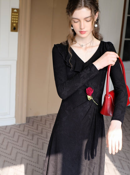 Dark Night Rose Chic Retro Long Dress