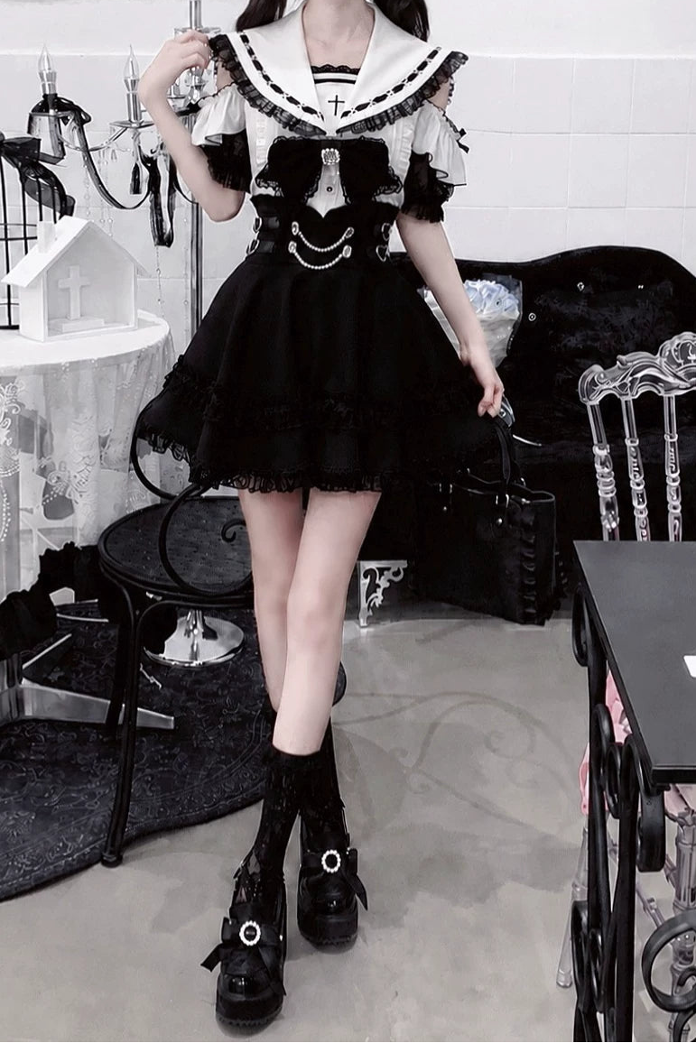 [Pre-order Deadline: August 30] Black and White Lace Sailor Gothic Open-Shoulder Short-Sleeve Ribbon Shirt + Pearl Chain Frill Skirt