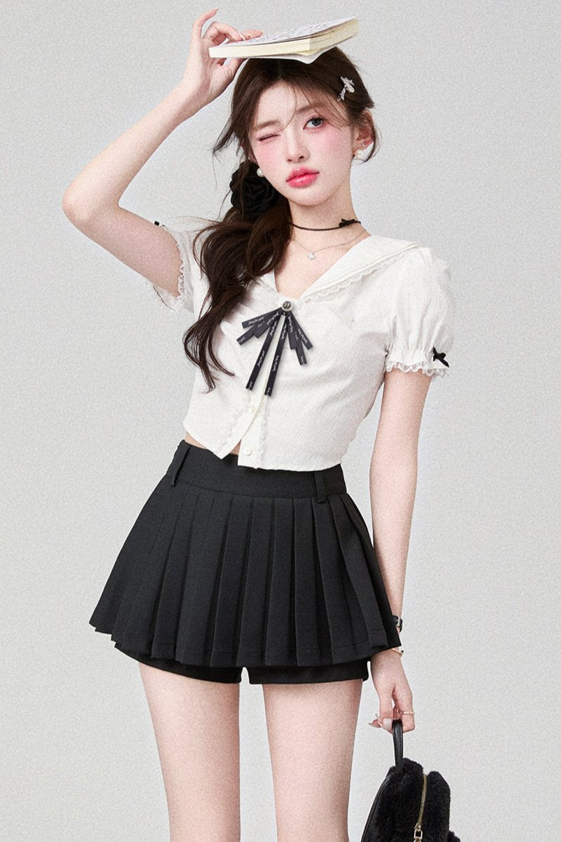 Navy color college shirt+short skirt