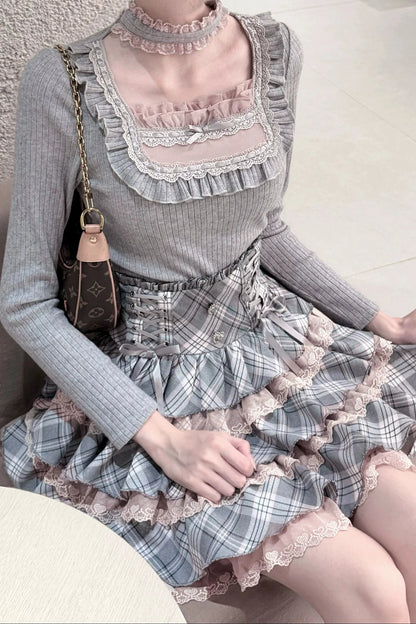 [Pre-order Deadline: October 15] Grey Pink Lace Trim Square Neck Choker Design Knit Top + Lace Trim Plaid Tiered Skirt