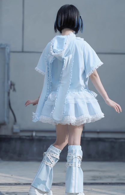 [Reservations] Frilled Long Bunny Ears Big Bow Hooded Girly Dress