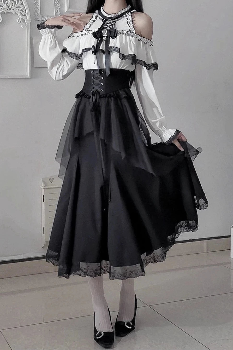 [Pre-order Deadline: October 30] Elegant Gothic White and Black Lace Off-Shoulder Long-Sleeve Ribbon Frill Blouse + Black Layered Lace Long Skirt