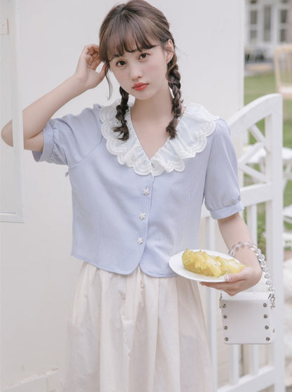 Puff sleeves French lace color shirt